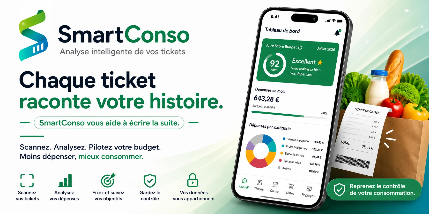 Présentation de l’application D-SID Conso avec tableau de bord, ticket de caisse et produits alimentaires