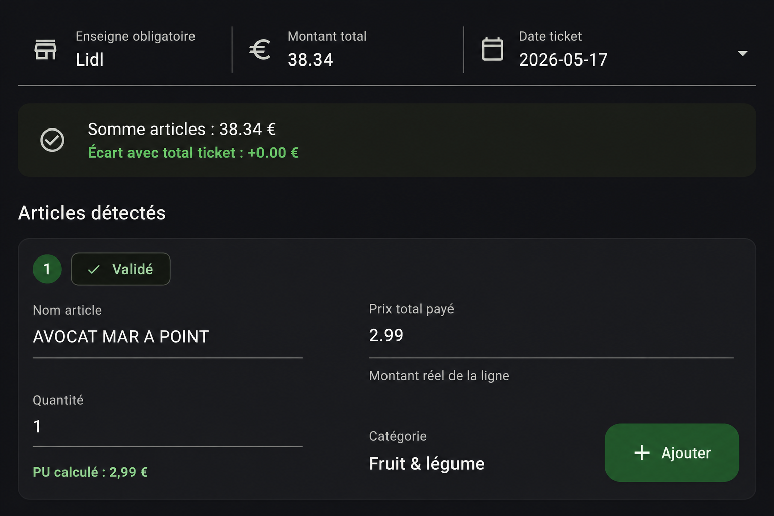 Écran D-SID Conso de validation d’un ticket de caisse